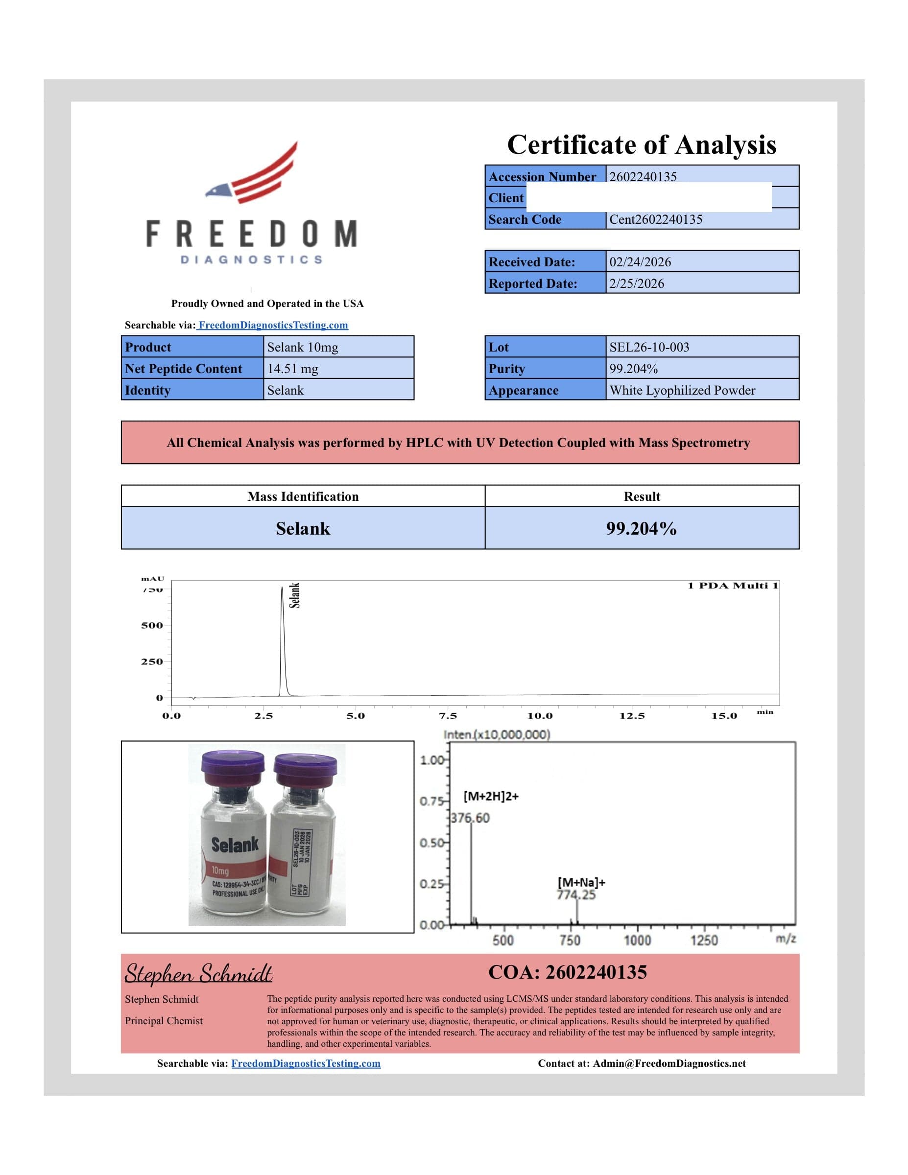 Certificate of analysis for Selank, batch 10mg · 2/26/2026