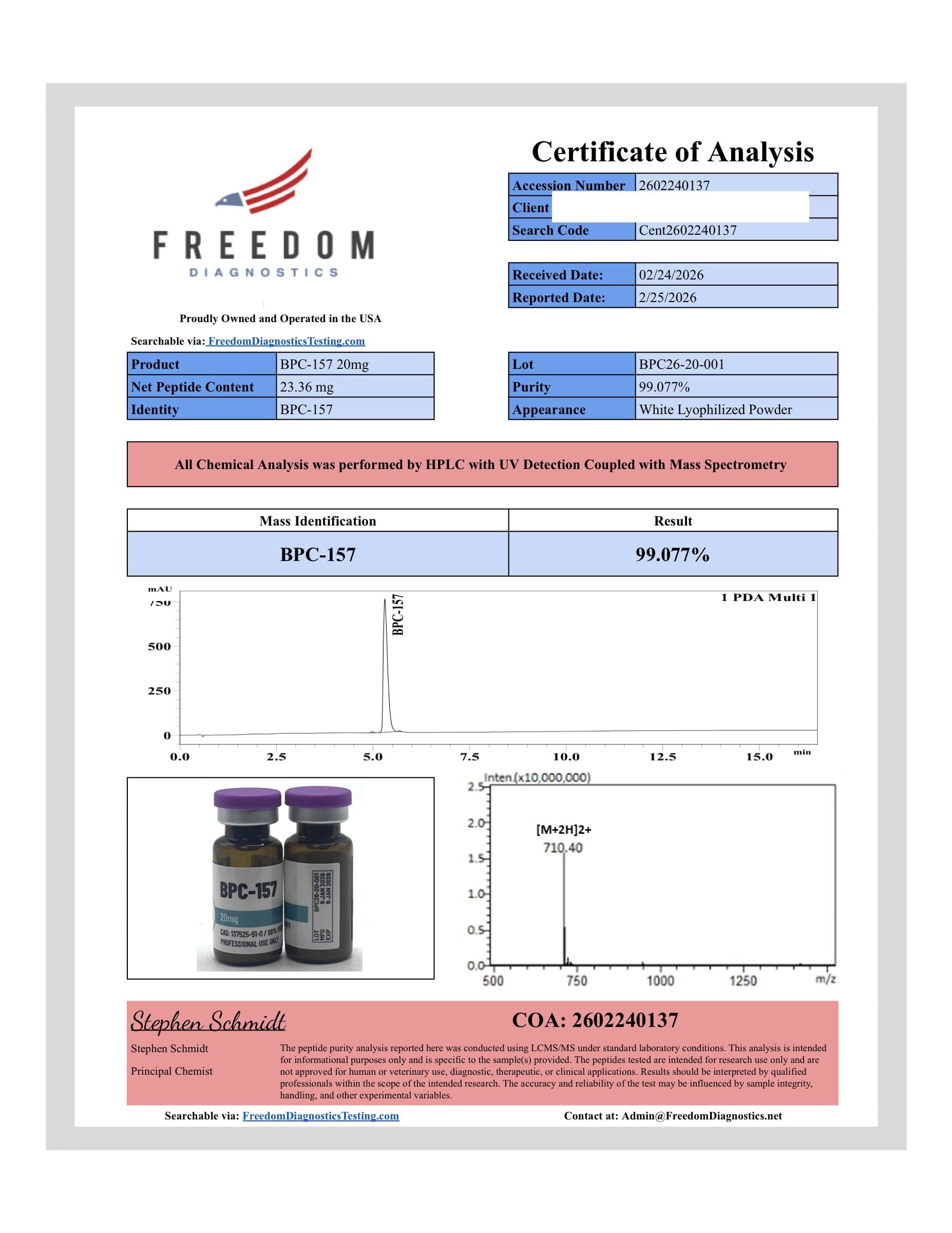Certificate of analysis for BPC-157, batch 20mg · 2/26/2026