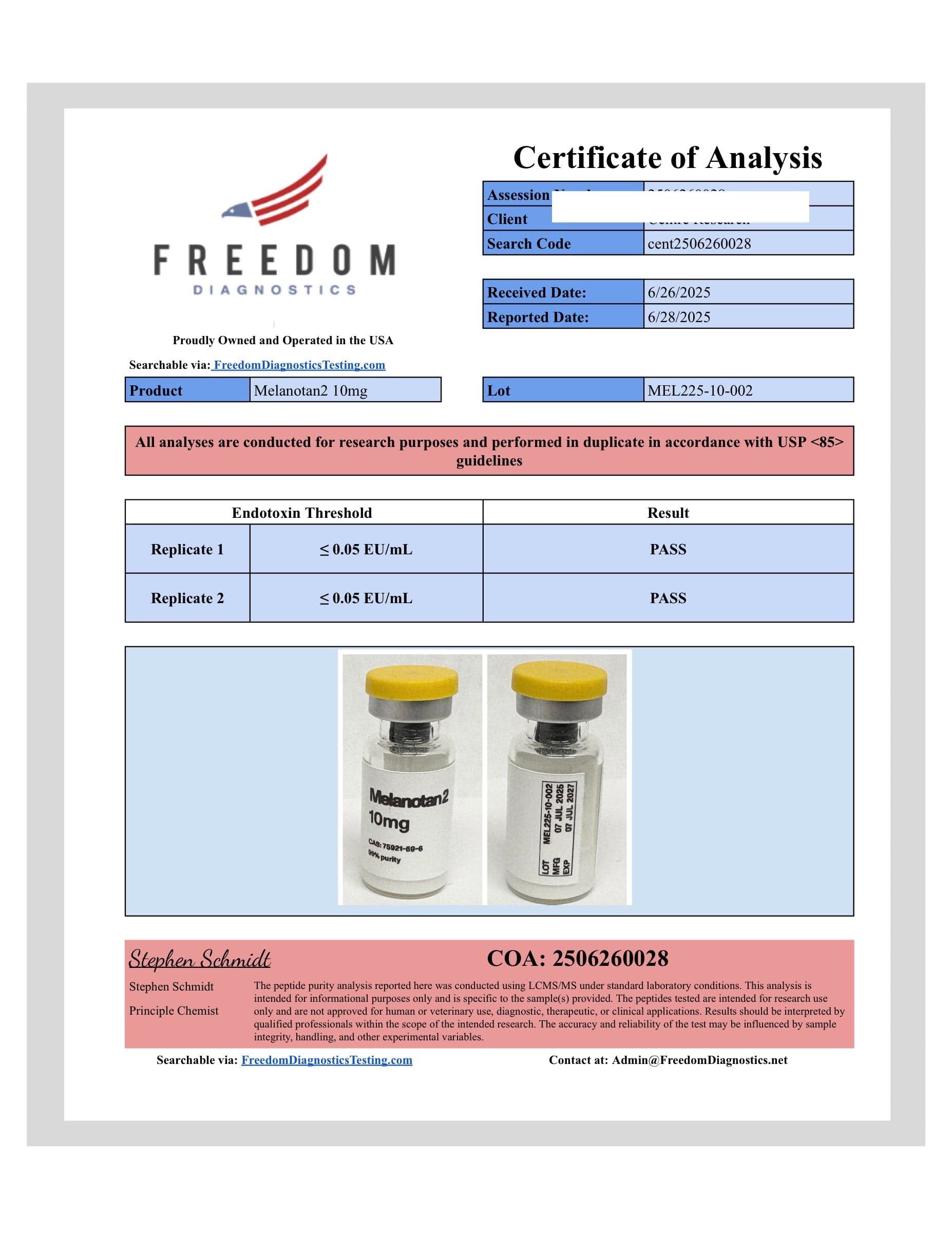 Certificate of analysis for Melanotan 2, batch 10mg · 6/26/2025