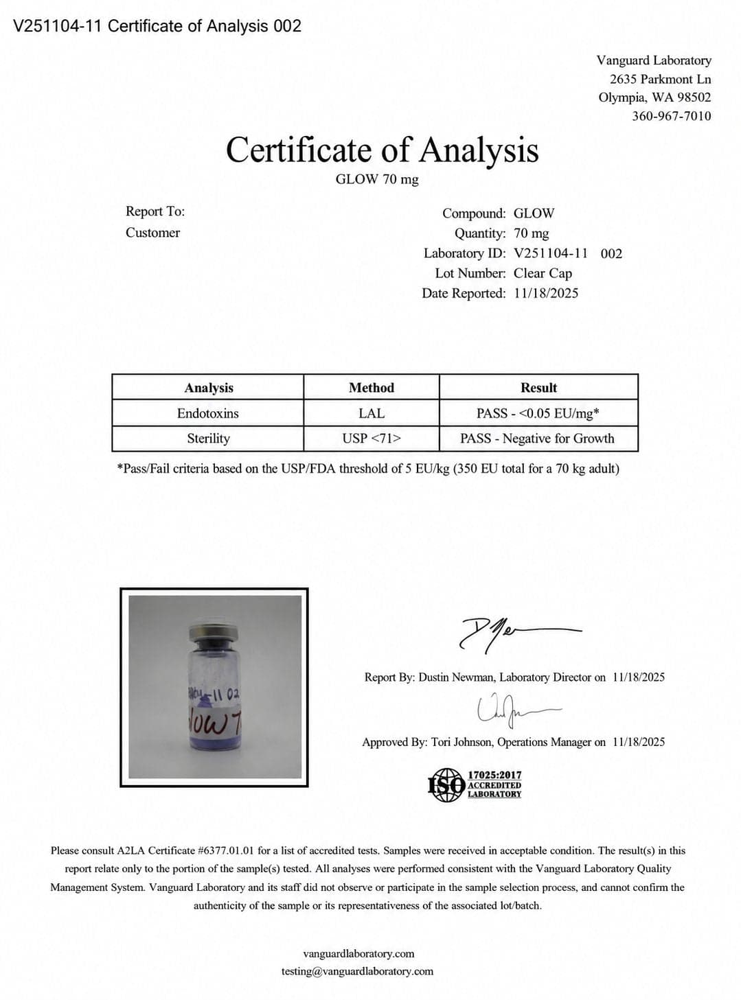 Certificate of analysis for GHK-Cu / BPC-157 / TB-500, batch 70mg · Nov 2025