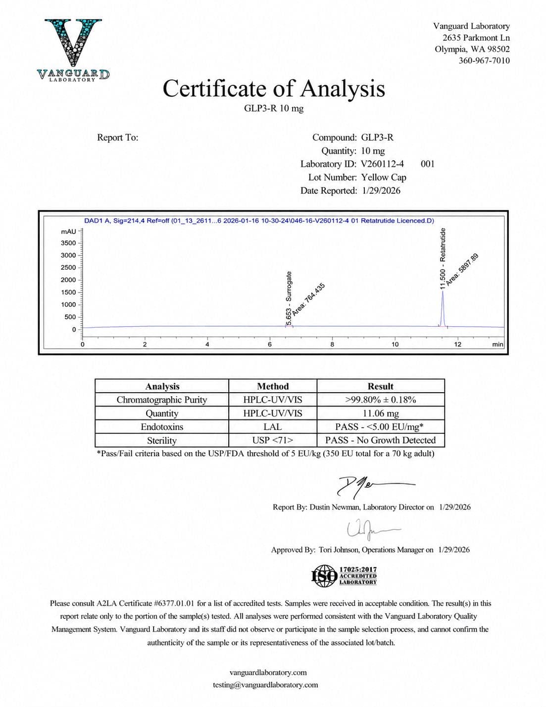 Certificate of analysis for GLP-3R, batch 10mg · Jan 2026