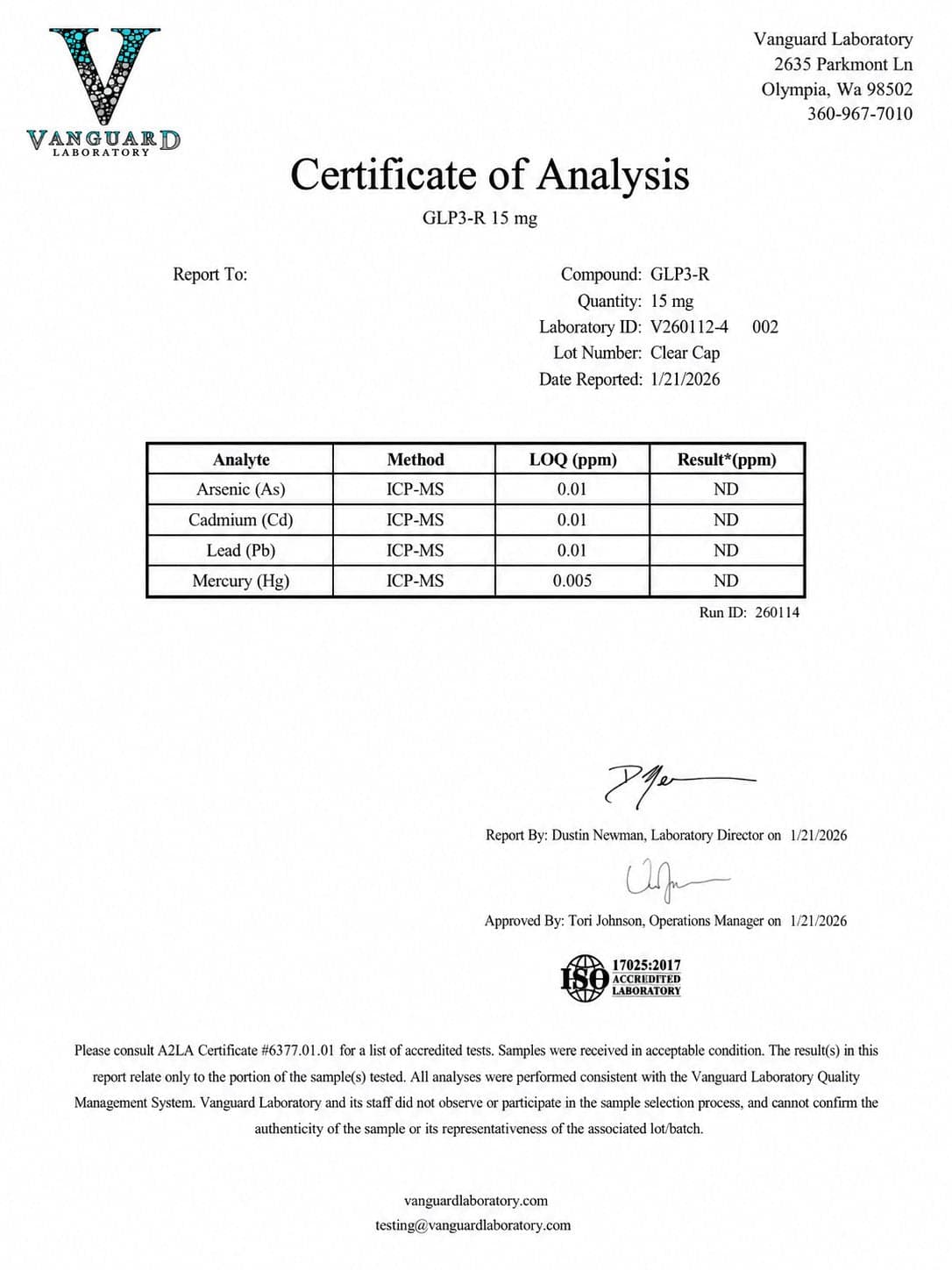 Certificate of analysis for GLP-3R, batch 15mg · Jan 2026