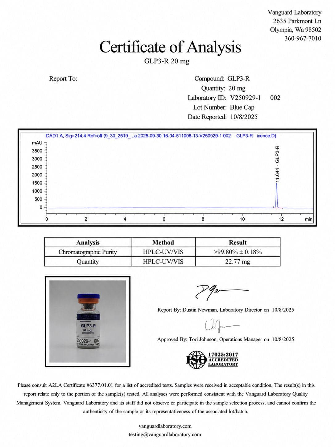 Certificate of analysis for GLP-3R, batch 20mg · Oct 2025