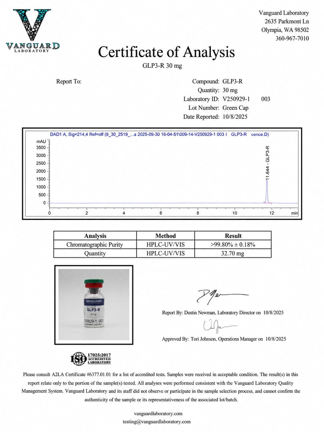 Certificate of analysis for GLP-3R, batch 30mg · Oct 2025