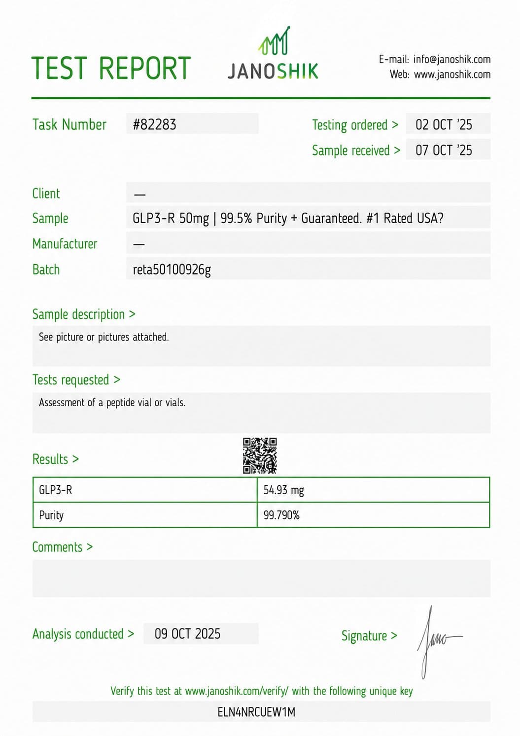 Certificate of analysis for GLP-3R, batch 50mg · Oct 2025