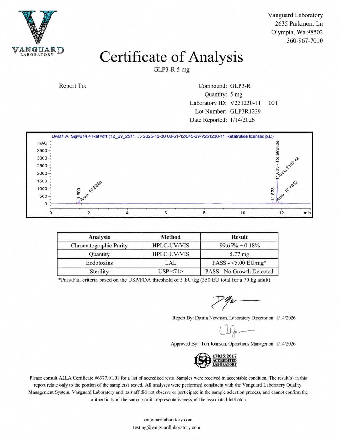 Certificate of analysis for GLP-3R, batch 5mg · Jan 2026