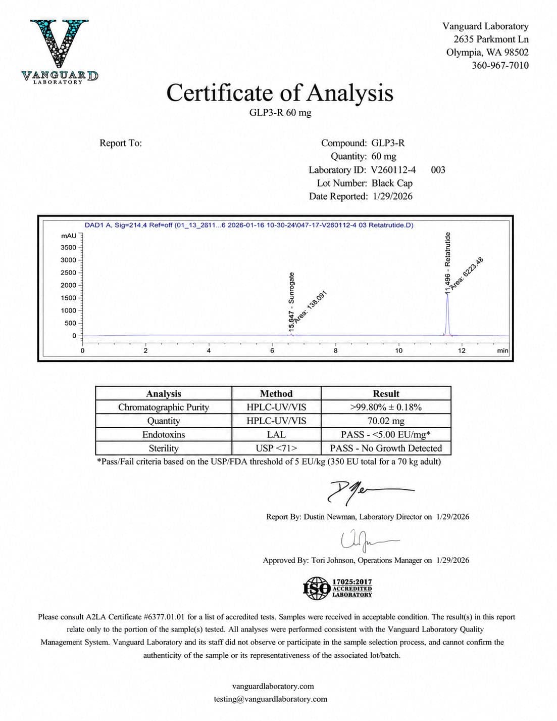 Certificate of analysis for GLP-3R, batch 60mg · Jan 2026