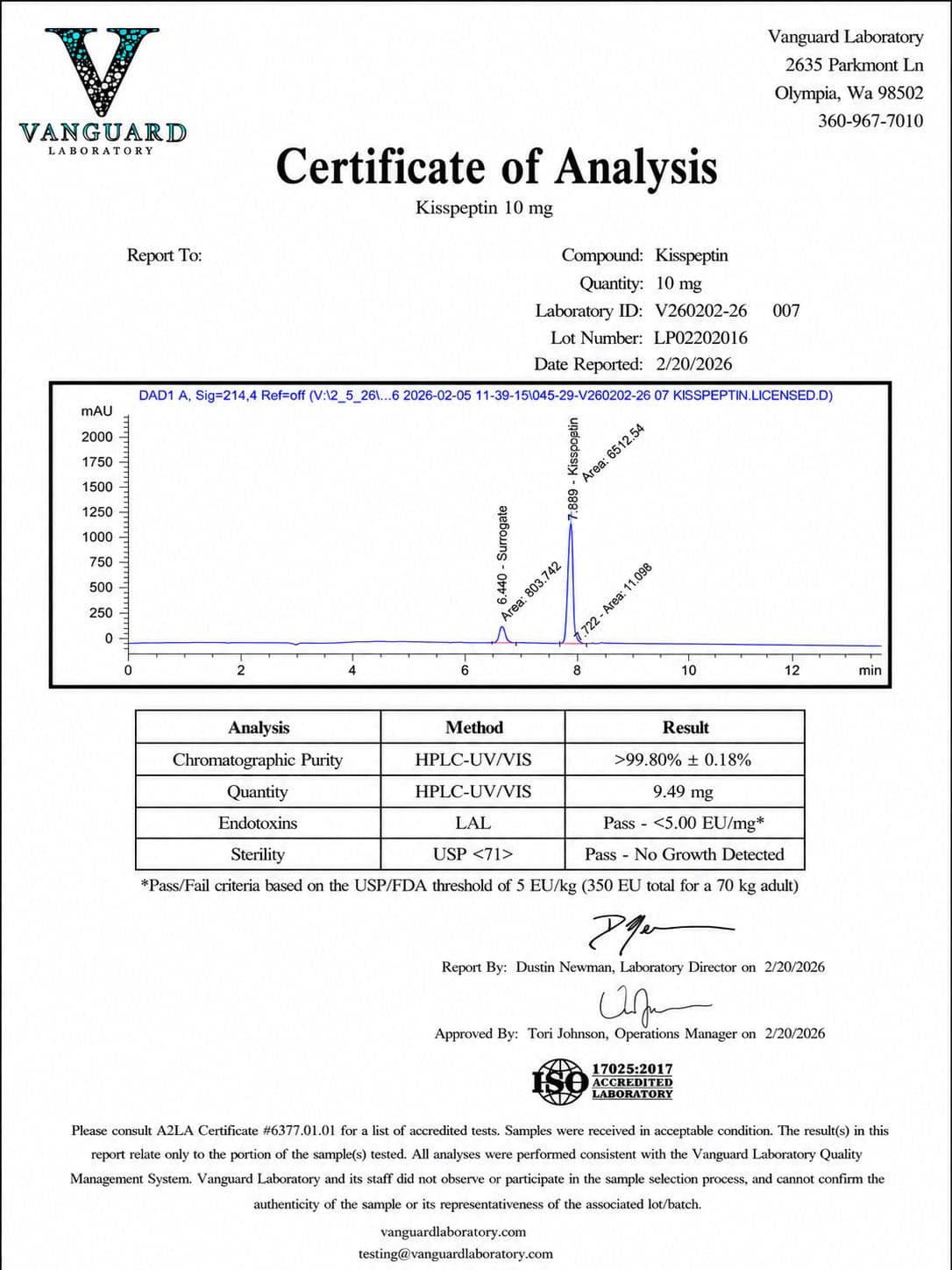Certificate of analysis for Kisspeptin, batch 10mg · Feb 2026