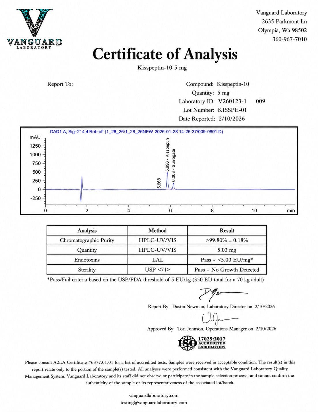 Certificate of analysis for Kisspeptin, batch 5mg · Jan 2026