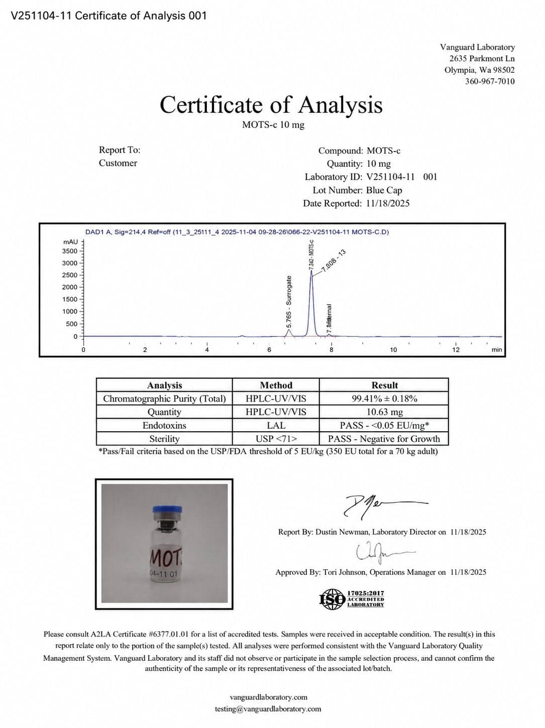 Certificate of analysis for MOTS-c, batch 10mg · Nov 2025