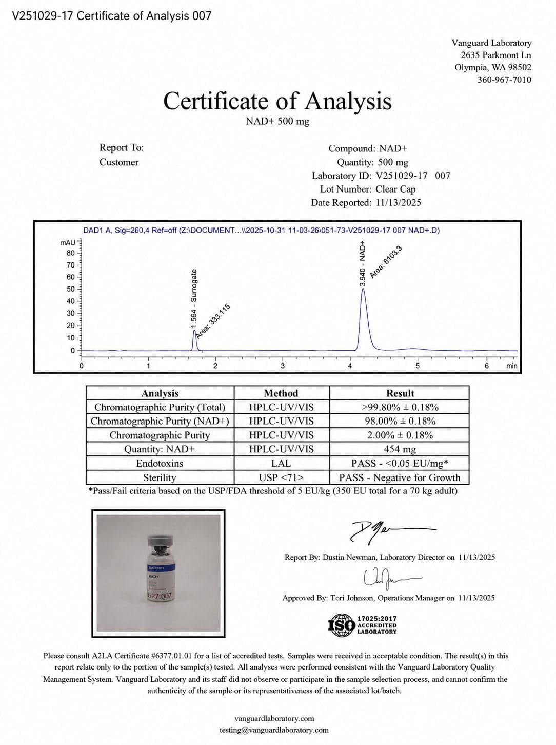 Certificate of analysis for NAD+, batch 500mg · Oct 2025