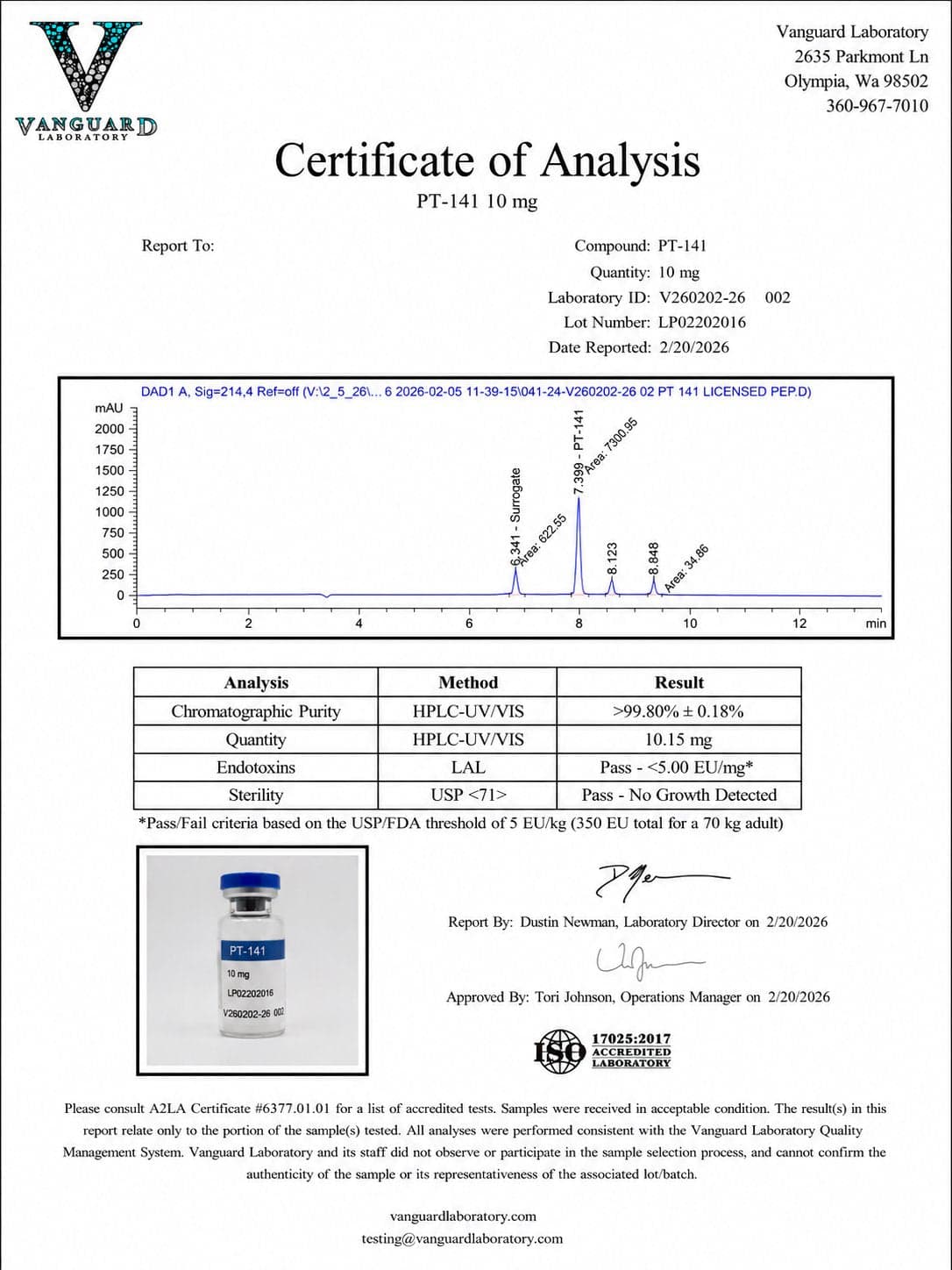 Certificate of analysis for PT-141, batch 10mg · Feb 2026