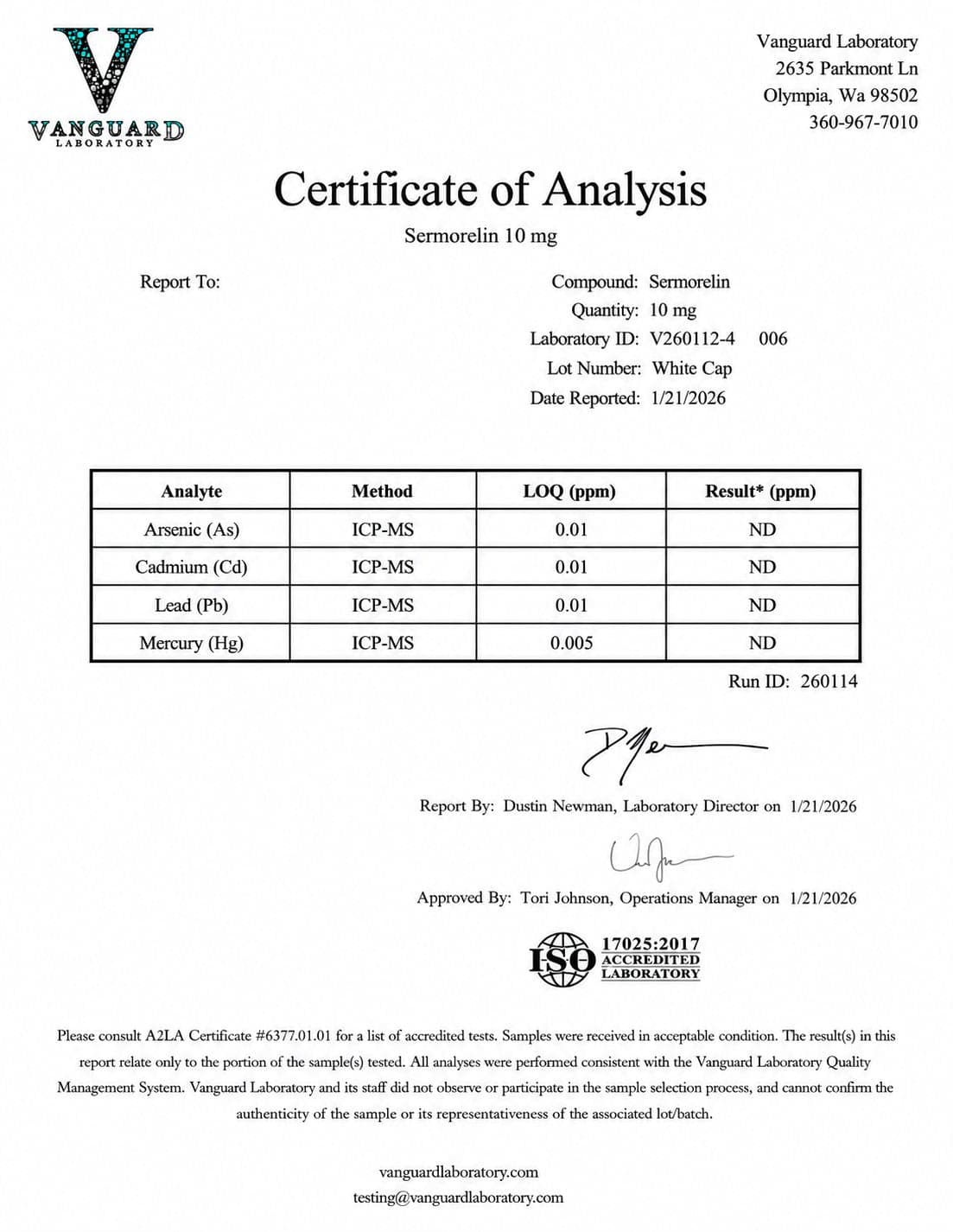 Certificate of analysis for Sermorelin, batch 10mg · Jan 2026