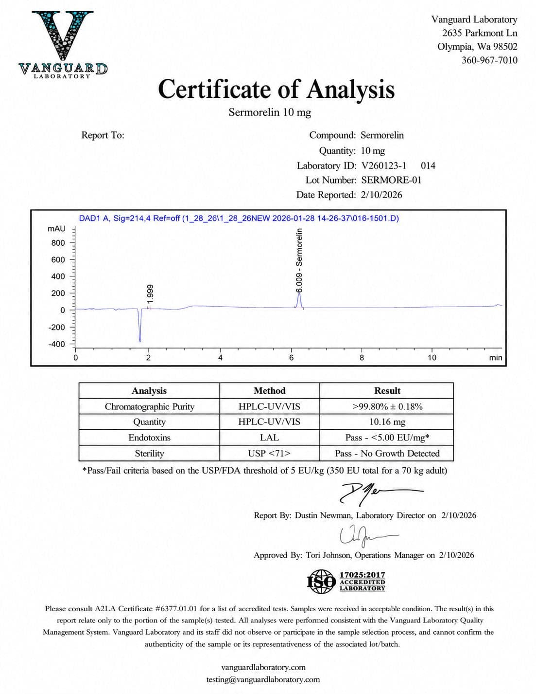 Certificate of analysis for Sermorelin, batch 10mg · Jan 2026