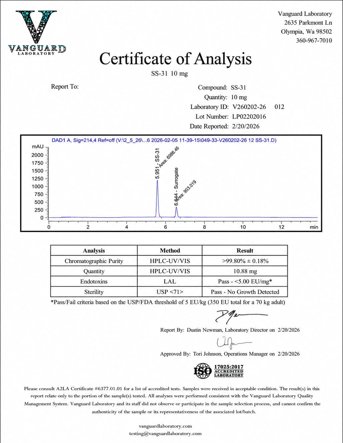 Certificate of analysis for SS-31, batch 10mg · Feb 2026