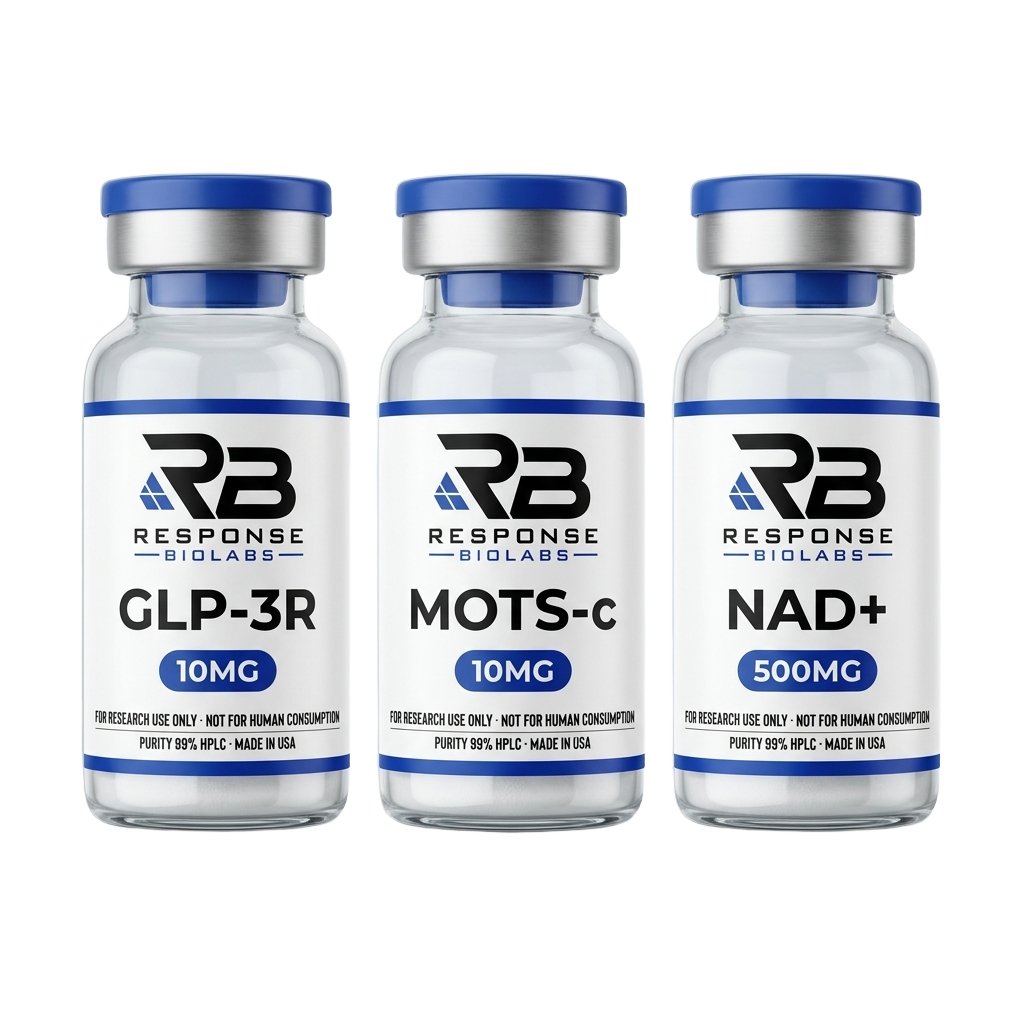 Metabolic Stack — GLP-3R, MOTS-c, and NAD+ research peptide vials