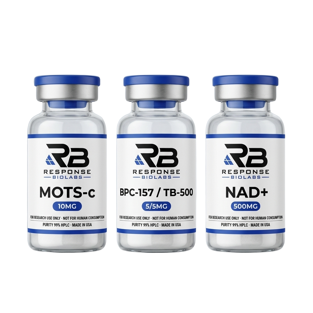 Engine Stack — MOTS-c, BPC-157/TB-500 Blend, and NAD+ research peptide vials